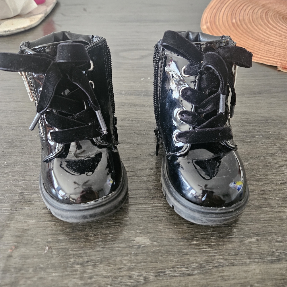 Wonder Nation Black Combat Boots with Glossy Finish